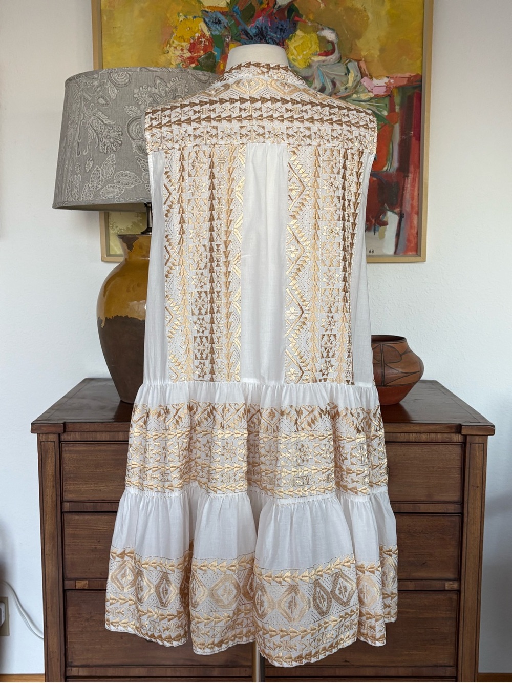 Greek Archaic Kori White and Gold Embroidered Sleeveless Tiered Dress - Picture 4 of 8